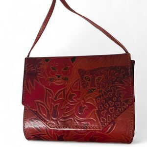 Vintage Y2K 2000s retro 90s 1990s Red tooled leather handbag big cat leopard